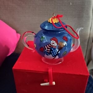 Festive Blue Teapot with Snowman Design